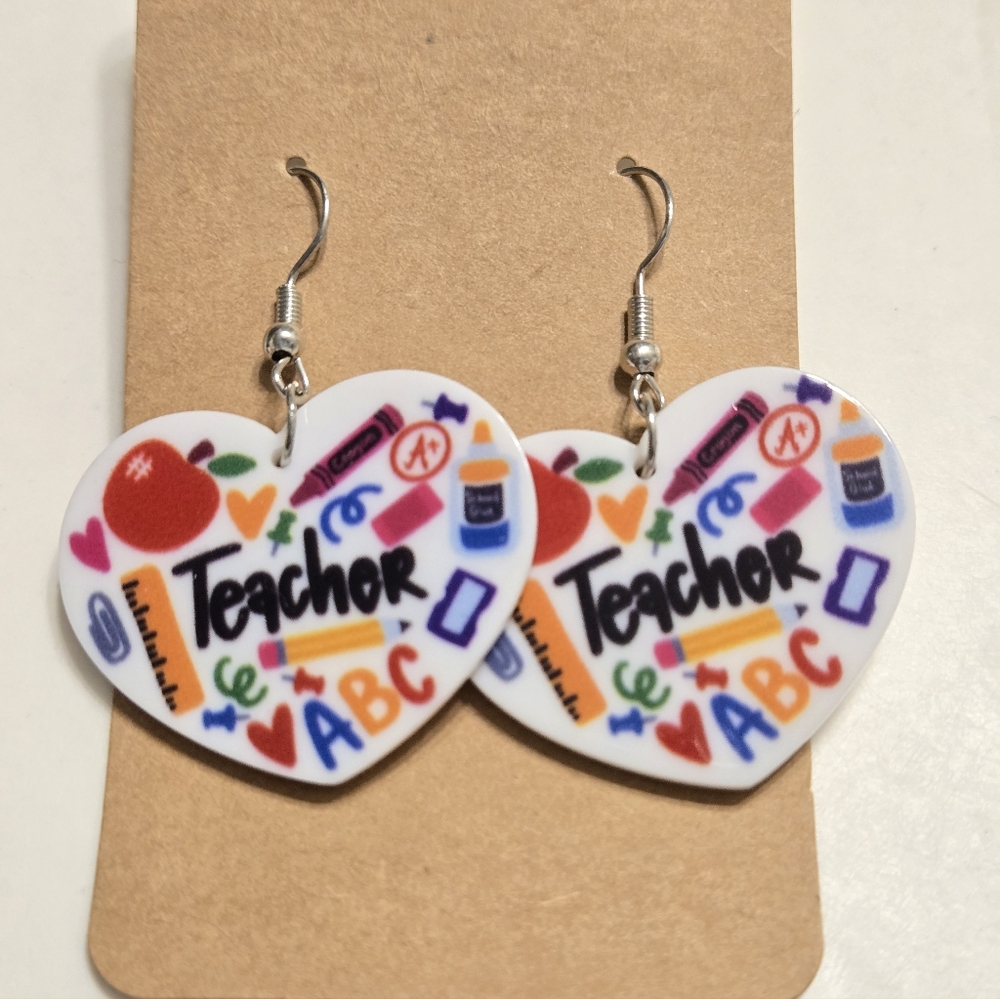 "Teacher" Heart Shaped Colorful Dangle Earrings with School Supply Icons